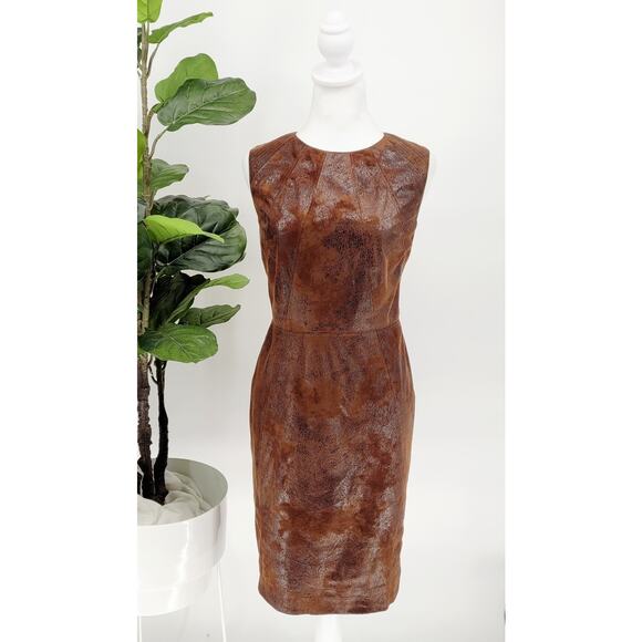 Vince Camuto Womens Brown Faux Leather Knee Length Sleeveless Sheath Dress Sz 10 - Picture 1 of 9
